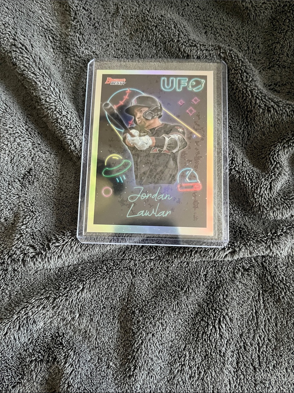 2022 Bowman’s Best Jordan Lawlar Neon UFO Holographic Baseball Card